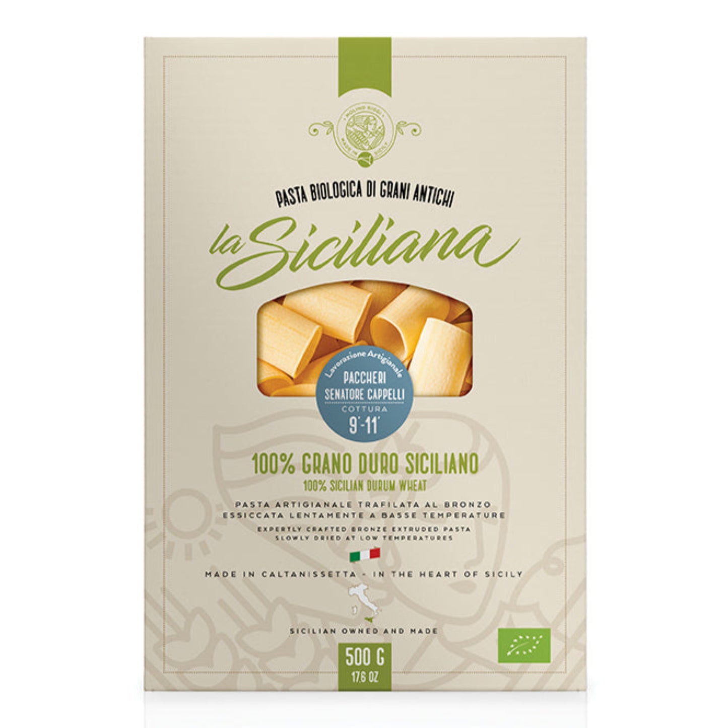 Italienska delikatesser siciliansk mat pasta paccheri ekologisk